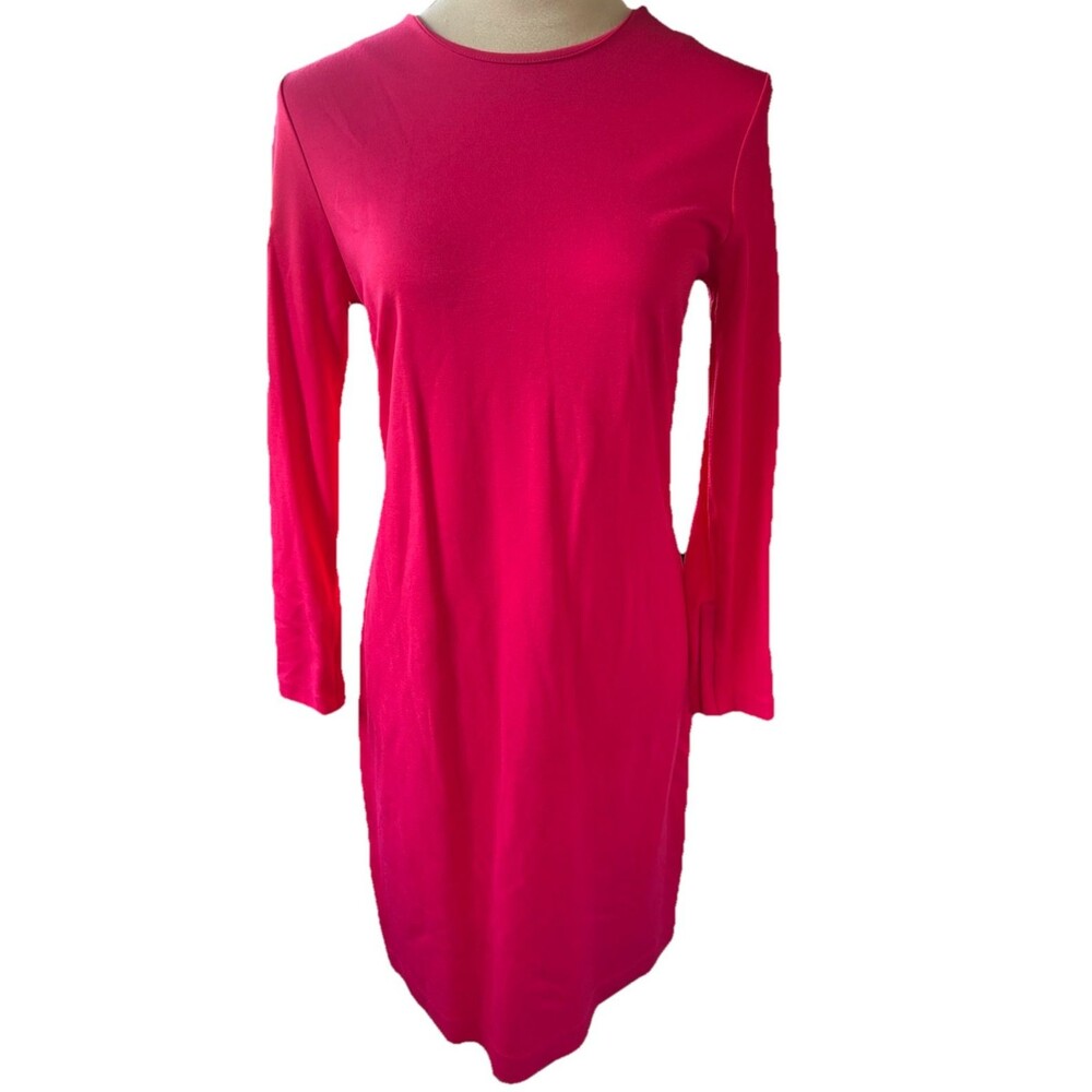 Ann Taylor Ponte Sheath Hot Pink Long Sleeves Stretch Knit Zipper Career Dress 4